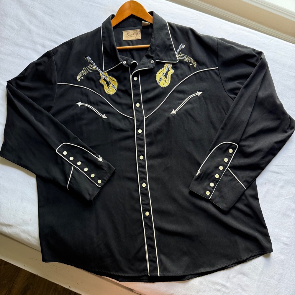 Scully Mens Rockabilly Black Western Shirt Guitar Car Pearl Snap Front 3XL VTG